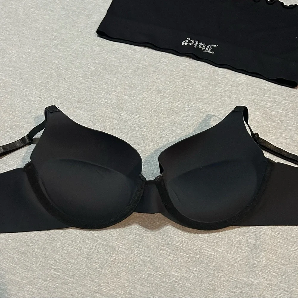 Juicy Couture Rhinestone Logo Bra & Boyshort Set Black Y2K 34C M - Picture 2 of 8